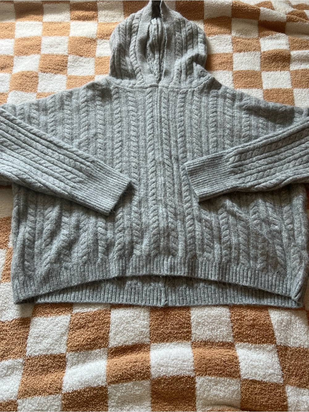For The Republic Light Gray Cable-Knit Hooded Sweater